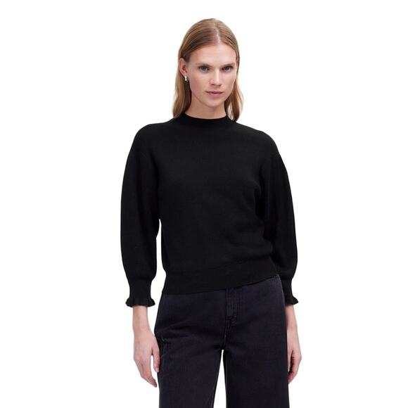 Madewell Sweaters - Madewell Black Merino Wool Mockneck Sweater S Puff Sleeve Ruffle Hem NWT